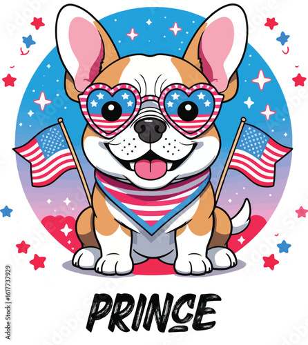 Kawaii Patriotic Puppy with Heart Sunglasses and American Flags – Cute Sticker-Style Illustration