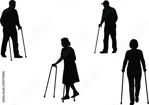 Silhouettes of elderly people walking with canes, isolated on white background, senior mobility, aging support, healthcare, wellness, independence