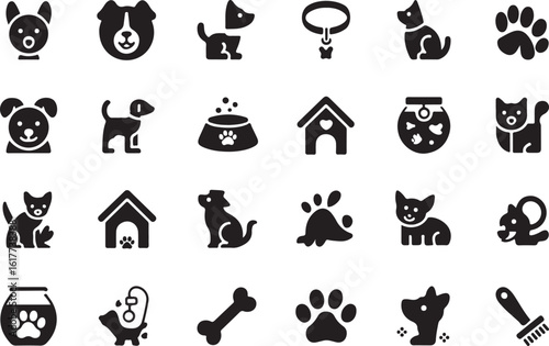 Vector icon set of pets and pet related items