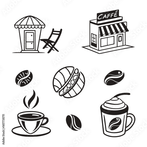 Coffee Shop Icons and Coffee Bean Illustrations.