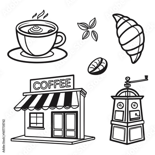 Coffee Shop Icons Cup Croissant Grinder and Beans.