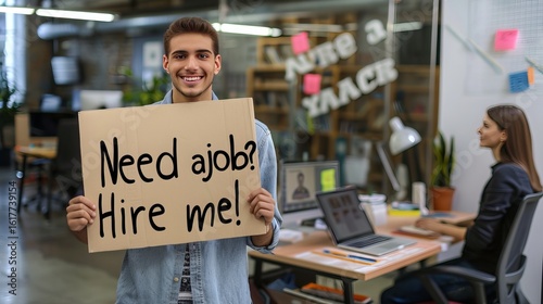 A young man in a shirt is smiling and holding a sign that says 