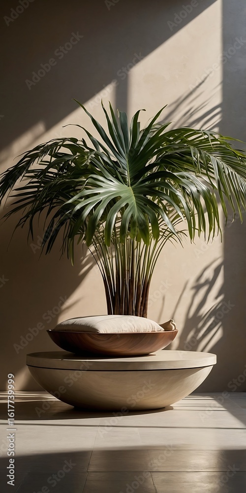 Obraz premium A vibrant houseplant on a beige table creates a serene and modern indoor scene with natural light and shadows