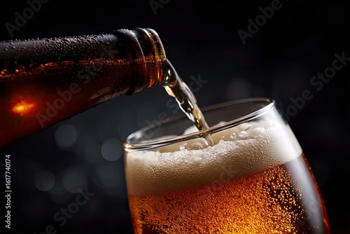 Wallpaper Mural Beer is poured from a brown bottle into a glass with foam against a black backdrop Torontodigital.ca