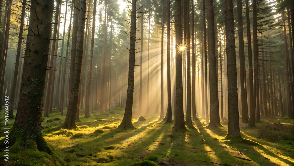 Obraz premium Sunbeams streaming through tall trees in a misty forest