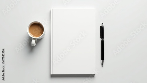 Blank notebook, coffee cup, and pen on a white surface.