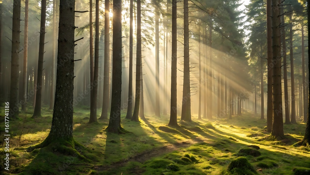 Obraz premium Sunlight streams through a misty forest with tall trees