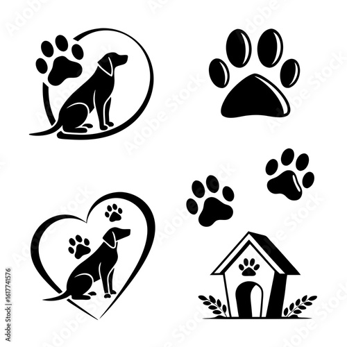 Dog Paw Prints and Silhouette Icons Collection.