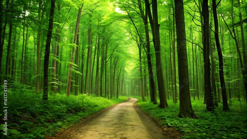 Fototapeta premium Sunlit forest path surrounded by vibrant green trees