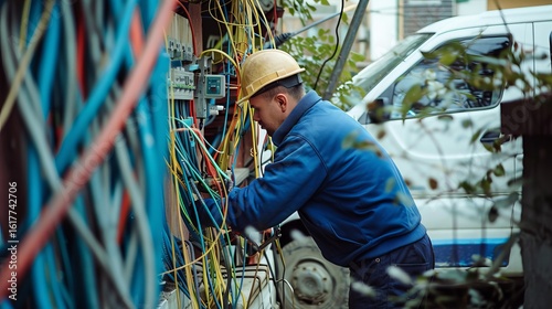 An electrician working on electrical cables near his van.
