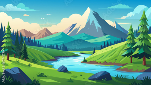 Vector art of a serene cartoon landscape showcases a flowing river amidst rolling green hills leading to distant, majestic mountains under a partly cloudy sky
