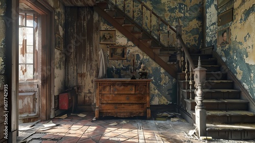 An entryway of a house in England has a table with drawers and stairs.