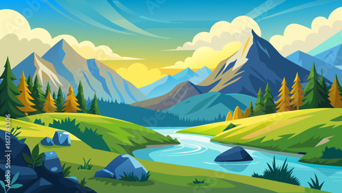 Vector art of an idyllic cartoon scene captures a serene river flowing through a verdant valley, leading the eye to layered mountains bathed in the warm glow of a setting sun