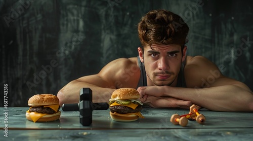 An out-of-shape athlete is debating between eating a cheeseburger or working out with dumbbells. This shows the struggle between choosing healthy habits like exercise and eating healthy.