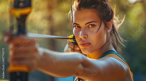 Archery training: An athlete woman focuses on precision, aiming to hit the target with her bow and arrow. It's a sport that requires focus and skill, often used in competitions or practice sessions.