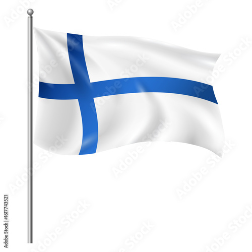 Waving Finnish Flag on Flagpole – National Flag of Finland with Blue Nordic Cross on White Background