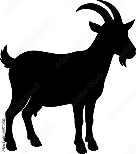 Detailed black silhouette of a standing goat with curved horns and a beard on a white background silhouette
