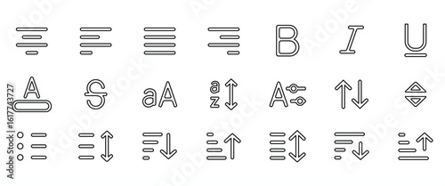 Editable typography iconset, Text style and alignment icon pack, Minimalist vector icons set for Text Formatting and Typography Tools in black UI style on transparent background.
