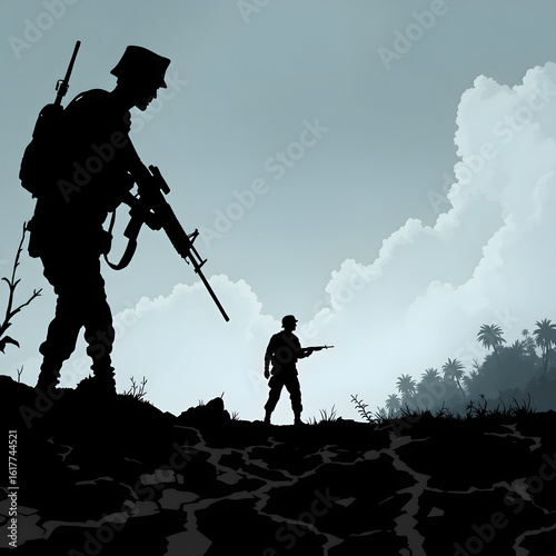 Soldiers Patrol Silhouette Jungle Landscape Vietnam War Illustration