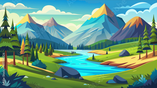Vector art of a stylized cartoon illustration captures a serene mountain valley with a clear river meandering through green hills and pine trees under a bright sky