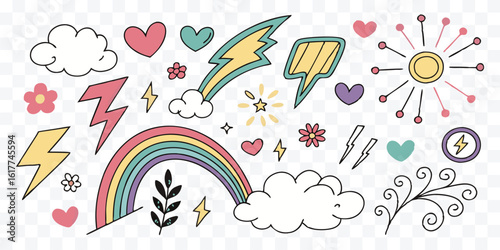 Whimsical hand drawn elements including rainbow clouds hearts lightning bolts and sun for creating playful designs and graphics