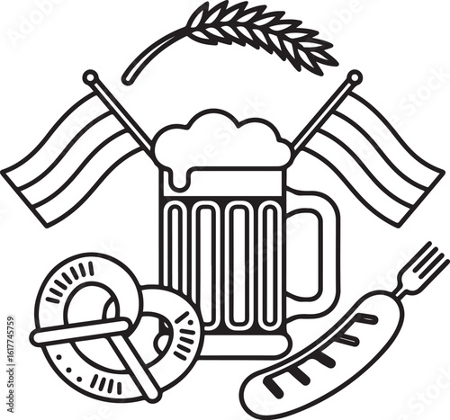 Oktoberfest Icon Set Beer, Pretzel, Sausage, Flags & Barley Line Art
