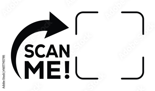 Black-and-white minimalist design: "SCAN ME" in bold text within a curved right-pointing arrow, surrounded by rectangular camera viewfinder frames. Clean, high-contrast graphic for digital marketing,	