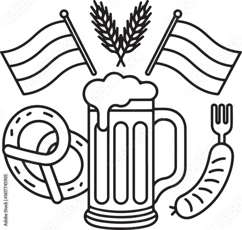 Oktoberfest Icon Set Beer, Pretzel, Sausage, Flags & Barley Line Art

