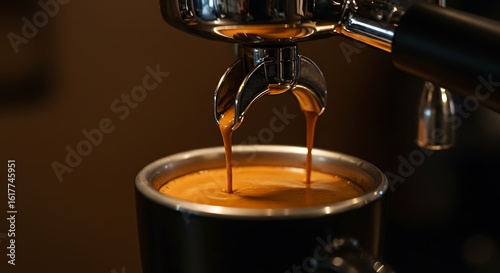Espresso Extraction: Rich, Dark Coffee Flowing into Portafilter