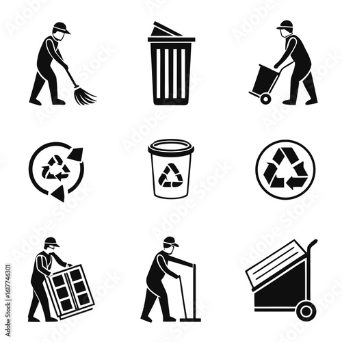Sanitation Worker Icons with Recycling Symbols.
