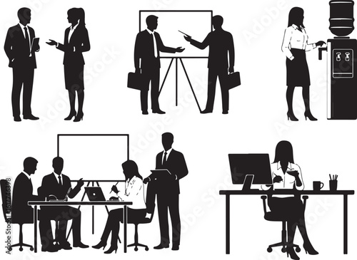 Business professionals in various office settings meeting, business, professionals, office, meeting, presentation, collaboration, discussion, water cooler, desk, computer, laptop, teamwork, corporate,