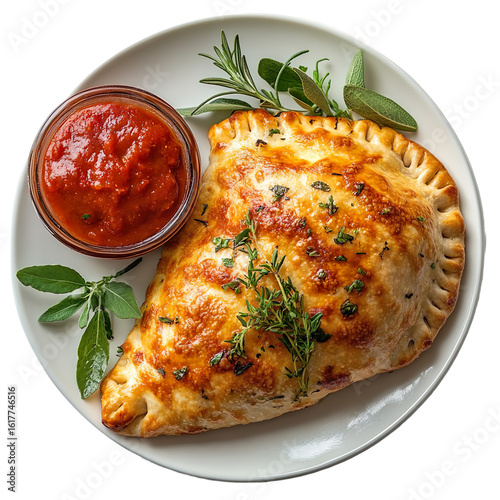 Homemade calzone with herbs and tomato sauce isolated on transparent