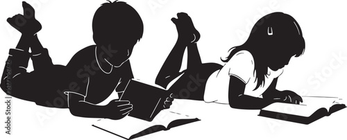 Children reading books together learning education, children, reading, books, learning, education, knowledge, imagination, storytelling, black and white, silhouette, illustration, indoor, leisure, hob
