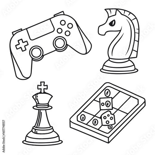 Video Game Controller and Chess Pieces Collection.