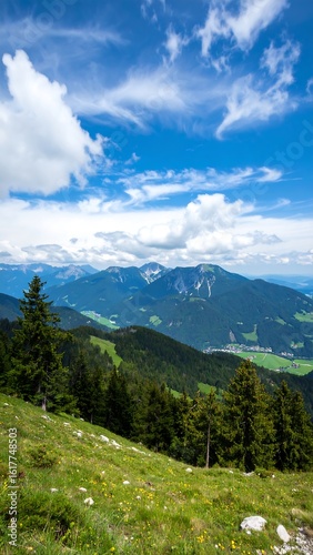 Mountain vista, sunny day, green valley