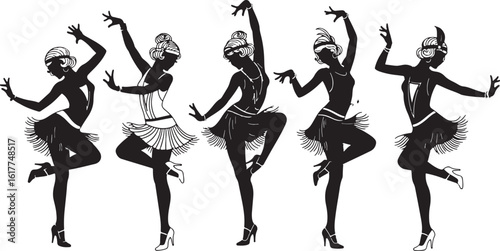 Flapper dancers in motion dancing art deco, flapper dancers, dancing, art deco, vintage, silhouettes, black and white, fringe, high heels, showgirls, performance, jazz age, retro, stylish, elegant, dy