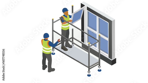 Two construction workers on scaffolding installing a window in a building isometric view design
