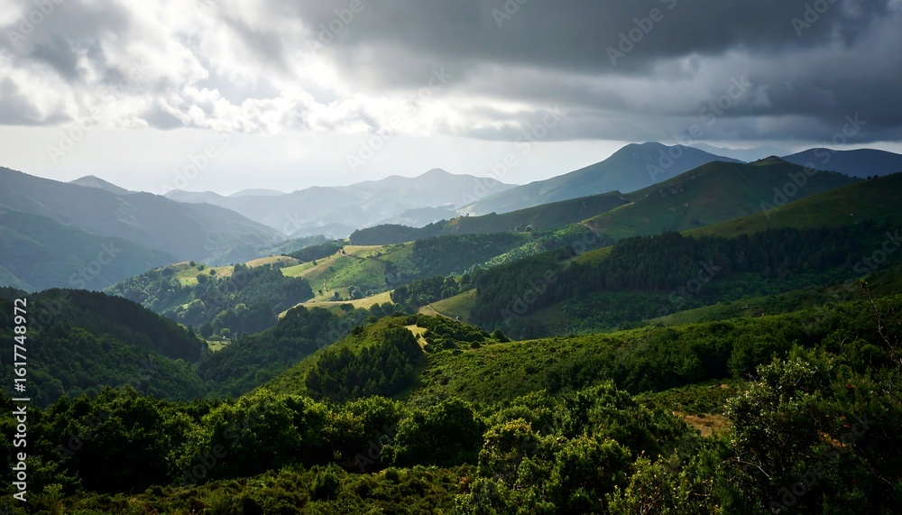 Fototapeta premium Mountain landscape, lush green hills, dramatic clouds