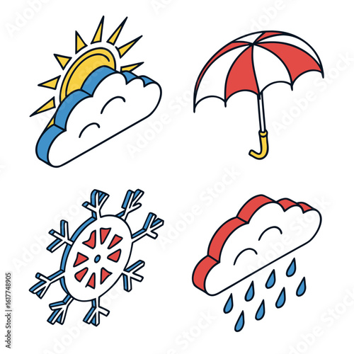 Weather Icons Sun Umbrella Snowflake Rain.