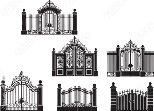 Ornate wrought iron gates with decorative scrollwork and finials, ornate, wrought iron, gates, decorative, scrollwork, finials, black, white, architectural, entrance, classic, elegant, vintage, design