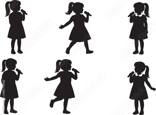 Silhouettes of girls singing with microphones performance, girl, silhouette, singing, microphone, performance, music, children, stage, vocal, black and white, illustration, vector, isolated, white bac