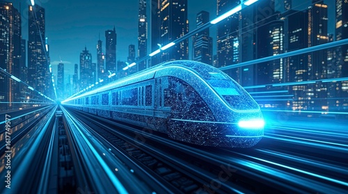 Cyberpunk modern fast blue train with future technology stops at the station background wallpaper. AI generated