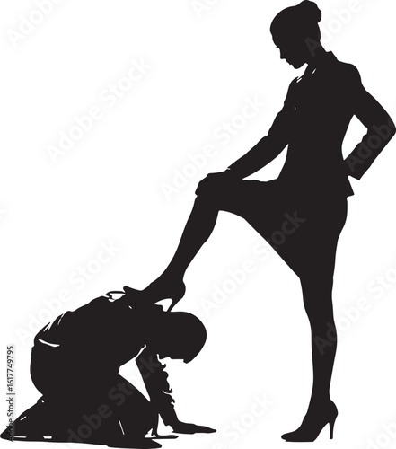 Woman stepping on kneeling man silhouette vector, woman, man, kneeling, stepping, silhouette, black, white, dominance, power, submission, business, formal wear, high heels, oppression, control, author