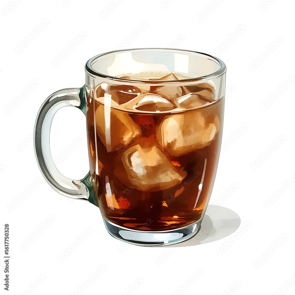 The watercolor-style illustration features a dark brown coffee mug filled with a thick handle, realistic light reflections, and swirling patterns, set against a plain white background. The watercolor-style illustration features a dark brown coffee mug filled with a thick handle, realistic light reflections, and swirling patterns, set against a plain white background.
