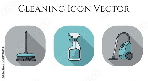 A vector set of cleaning icons including a broom, spray bottle, and vacuum cleaner. Flat design with long shadows for household and domestic themes.