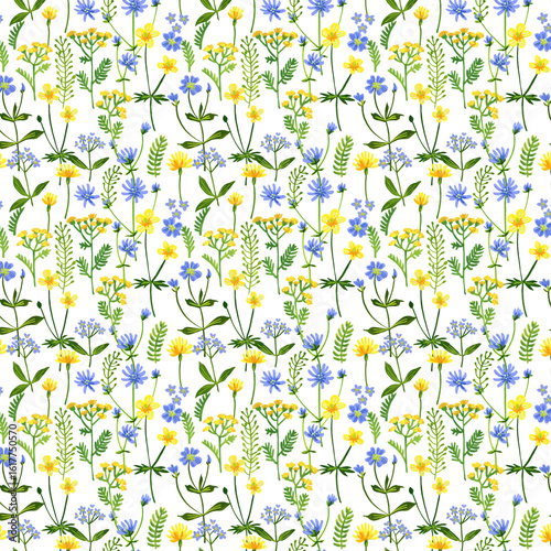 Seamless floral pattern with yellow and blue wildflowers. Hand-drawn botanical elements arranged in a repeating design on a white background. 