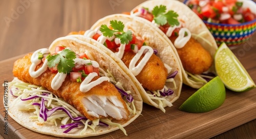 Delicious baja fish tacos with crispy battered fish cabbage slaw pico de gallo and lime
