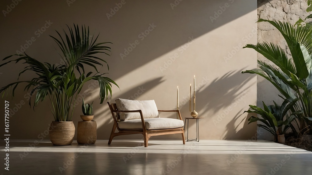 Fototapeta premium A serene indoor space with a comfortable armchair, lush green plants, and soft natural light creates a calming and inviting atmosphere