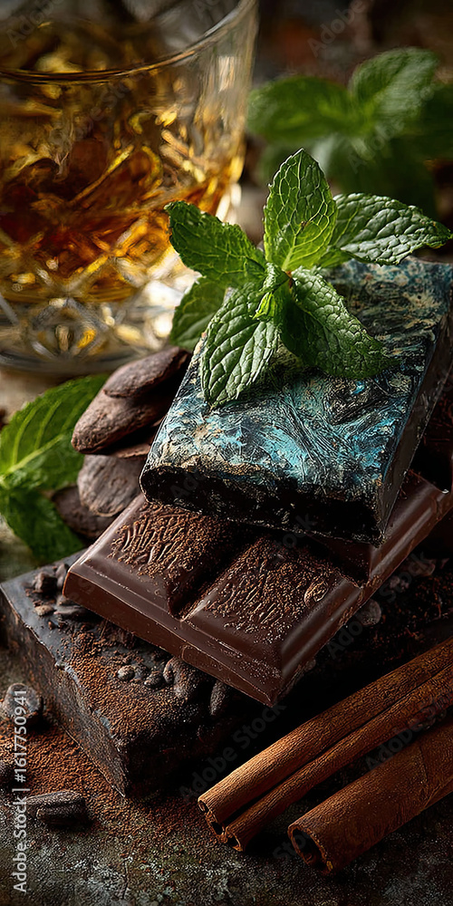 Obraz premium Stack of various chocolate bars (dark, milk, white) dusted with cocoa powder, fresh mint, cinnamon sticks, and a glass of whiskey, a gourmet dessert and luxurious beverage pairing