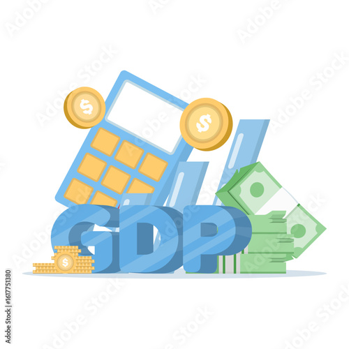 Gross domestic product concept with Economic Growth Column and Productivity Chart. National economy, monetary policy, GDP. Growth chart behind the letters GDP.